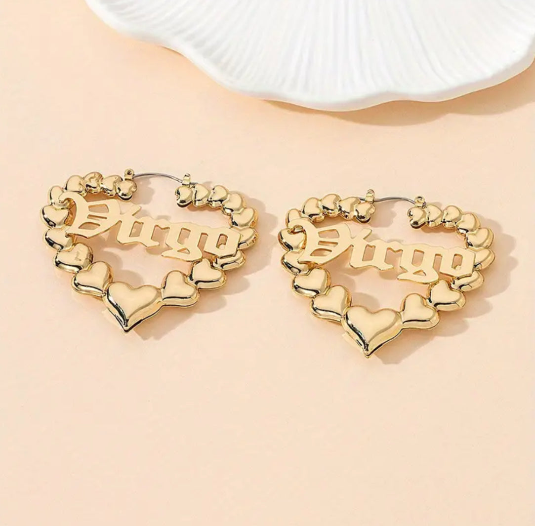 Gold Heart Shaped Hoop Zodiac Fashion Earrings