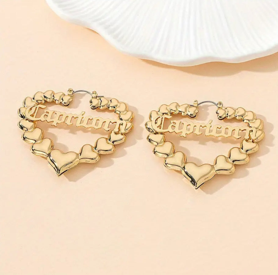 Gold Heart Shaped Hoop Zodiac Fashion Earrings