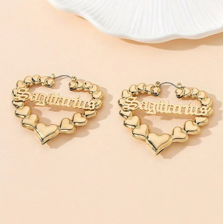 Gold Heart Shaped Hoop Zodiac Fashion Earrings