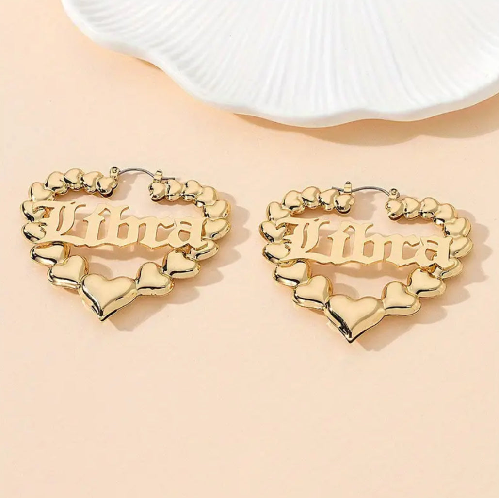 Gold Heart Shaped Hoop Zodiac Fashion Earrings