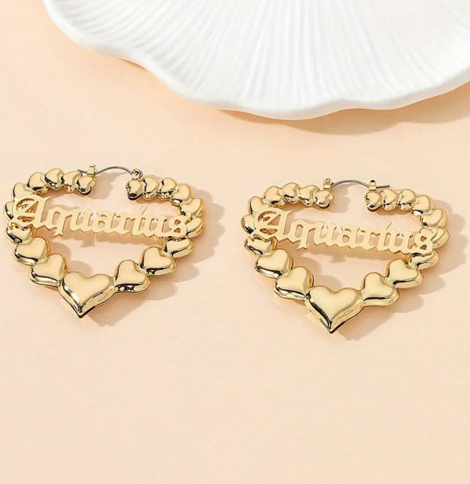 Gold Heart Shaped Hoop Zodiac Fashion Earrings