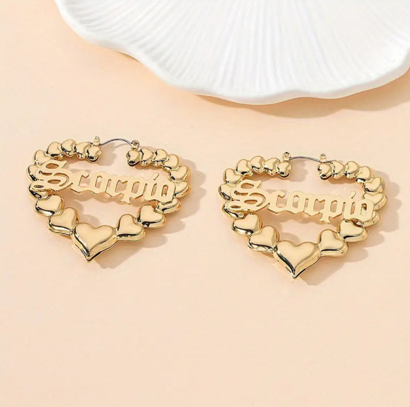 Gold Heart Shaped Hoop Zodiac Fashion Earrings