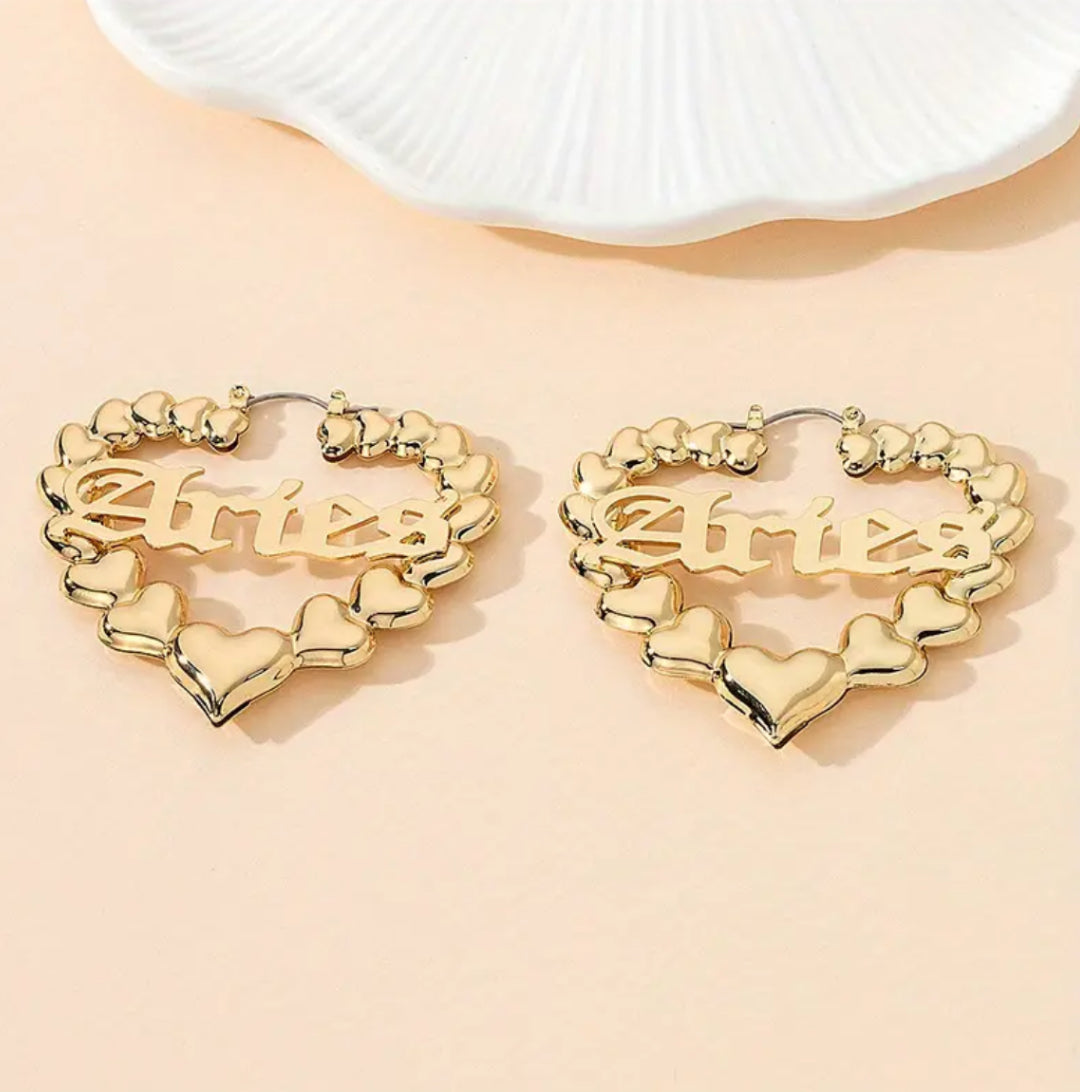 Gold Heart Shaped Hoop Zodiac Fashion Earrings